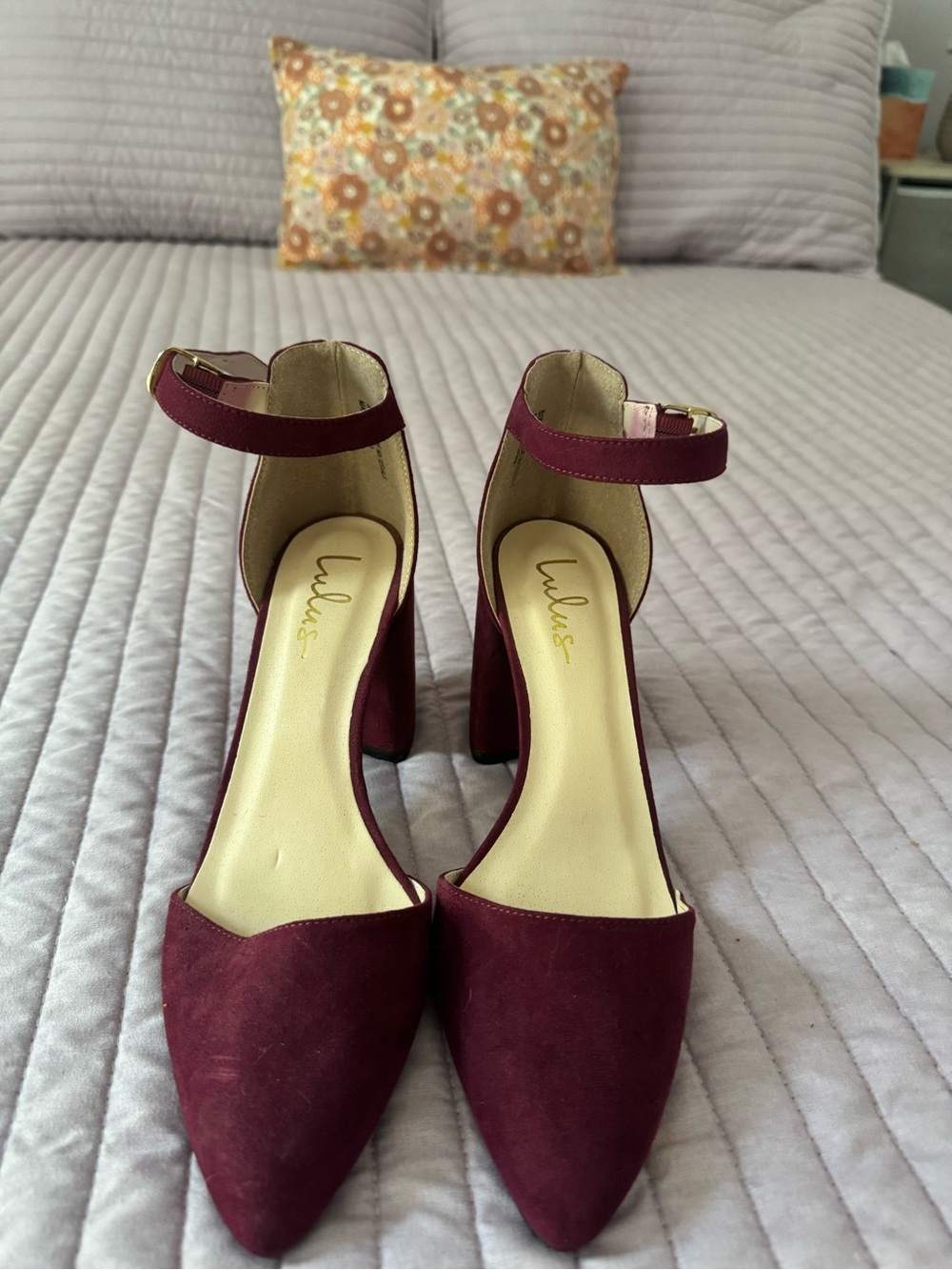 Lulu's Women's Burgundy Velvet Ankle-Strap Pointed Block Heels